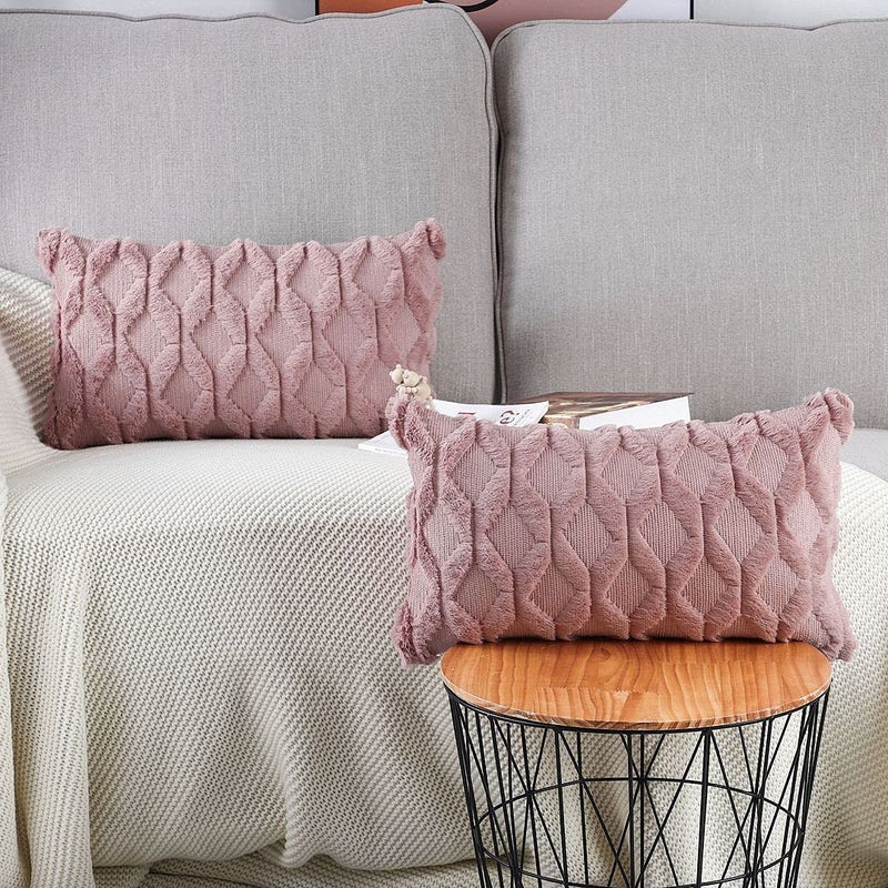 MADIZZ Set of 2 Soft Polyester Short Wool Velvet Decorative Throw Pillow Covers 12x20 inch Pink Rectangular Luxury Style Cushion Cases Pillow Shell for Sofa Bedroom - Image 5
